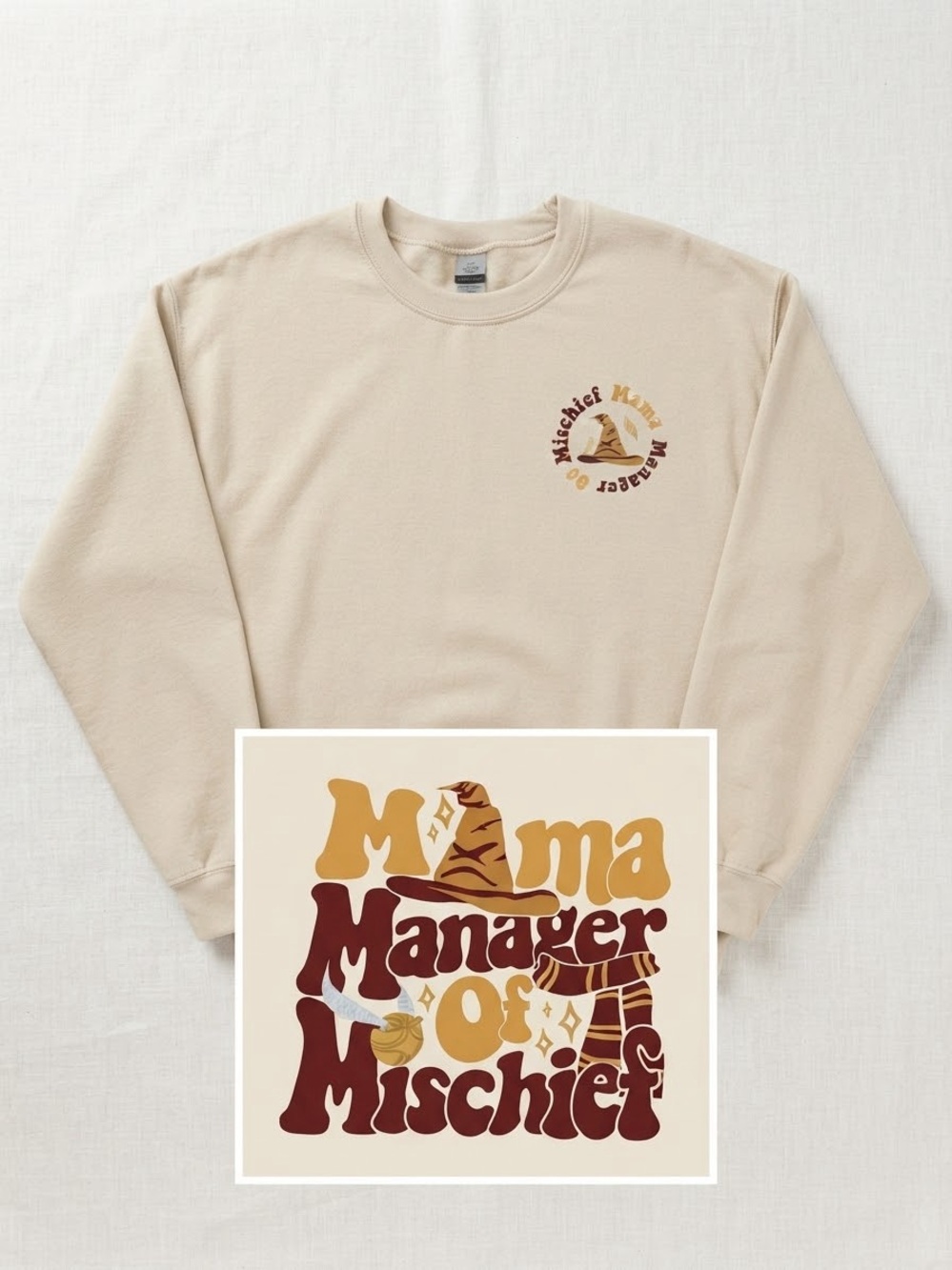 Gildan Beige 'Mama Manager of Mischief' Crewneck Sweatshirt